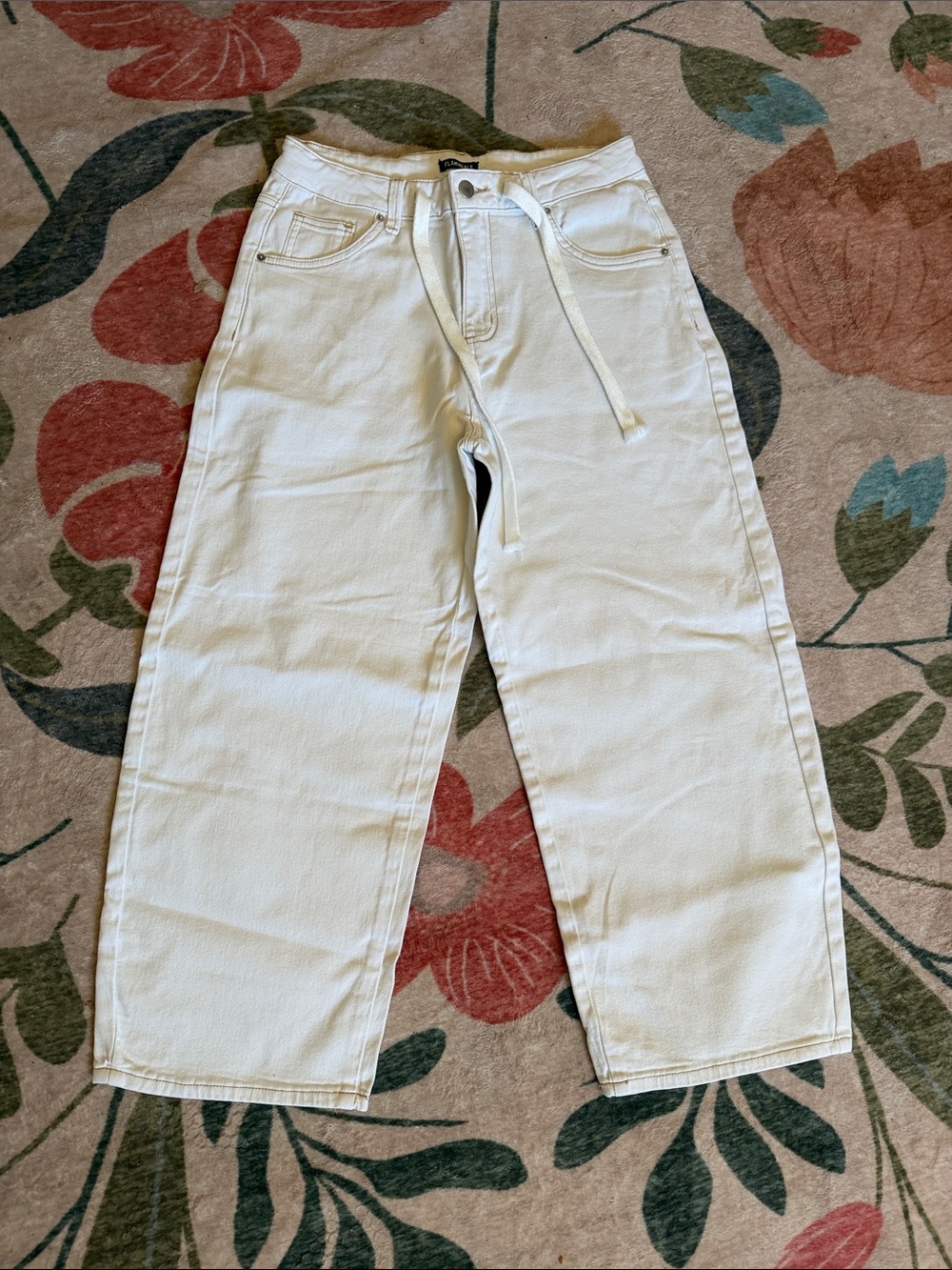 Flamingals Solid Drawstring Contrast Stitch Mid Waist Barrel Leg Pants medium - Picture 2 of 6
